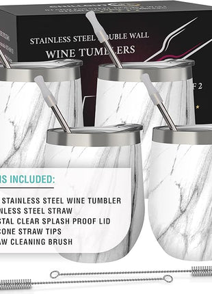 CHILLOUT LIFE 12 oz Stainless Steel Wine Tumblers 4 Pack - Double Wall Vacuum Insulated Wine Glasses Cups with Lids and Straws Set Keeping Cold & Hot for Coffee, Beer, Ice Cream - Carrara Marble