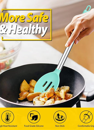 Pack of 2 Large Silicone Cooking Spoons,Non Stick Solid Basting Spoon,Heat-Resistant Kitchen Utensils for Mixing,Serving,Draining,Stirring (GREEN)