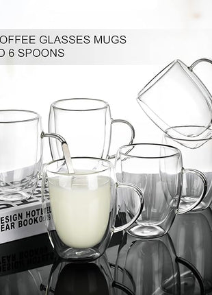 LIBWYS 6 Pack Double Walled Coffee Cups Glasses Mugs, 12oz Espresso Cappuccino Latte Tea Cups with Handle, Heat Resistant Borosilicate Clear Glasses 350ml