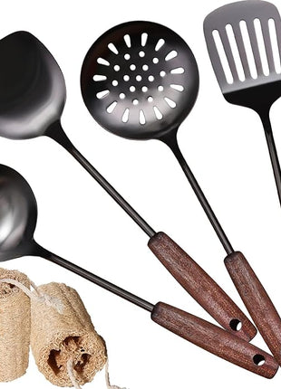 MARTE 15" Wok Spatula Turner and Ladle,Skimmer Spoon Tool Set - 18/10 Stainless Steel Vintage Cooking Utensils Set - Set of 4 High Grade Titanium Plating Kitchen Wok Utensils with Solid Wooden Handle