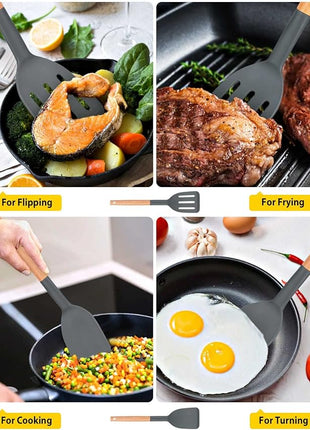 Pack of 2 Silicone Cooking Spatula, Heat Resistant Solid Turner, Non Stick Slotted Spatulas with Wooden Short Handle,Ideal Wood Kitchen Utensils Set for Frying, Baking, Flipping, Turning