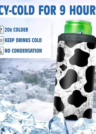 SANDJEST Cow Tumbler Cowhide Doodle 4 in 1 12oz Tumbler Can Cooler Coozie Skinny Stainless Steel Tumbler Gift for Women Girl Daughter Sister Animal Lovers Farm Girl Christmas Birthday