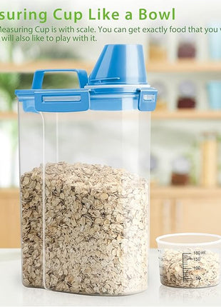 Rice Airtight Storage Container, 3 to 5Lbs Cereal Dry Food Flour Bin, Pet Dog Cat Food Dispenser with Measuring Cup, BPA Free Clear Plastic Kitchen and Pantry Organization Bin for Sugar, Pasta