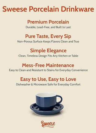 Sweese 2.5 Ounce Porcelain Stackable Espresso Cups with Saucers and Metal Stand Set of 4, Navy