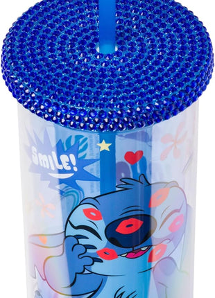 Silver Buffalo Lilo and Stitch Smiles Kisses and Icons Rhinestone Lid 20oz Plastic Tall Cold Cup w/Lid and Straw