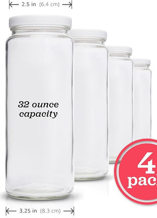 All About Juicing Glass Bottles Set - 32 oz Jars, 4 Pack Wide Mouth with Lids for Juice, Smoothies, Water, Milks, Beverage Storage - Large Jug, Clear, Durable, Reusable, Dishwasher Safe, Leak Proof