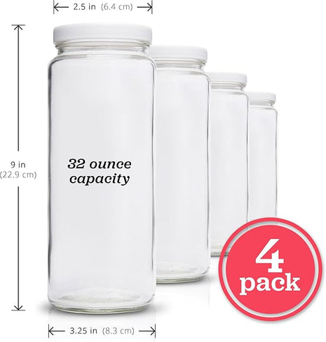 All About Juicing Glass Bottles Set - 32 oz Jars, 4 Pack Wide Mouth with Lids for Juice, Smoothies, Water, Milks, Beverage Storage - Large Jug, Clear, Durable, Reusable, Dishwasher Safe, Leak Proof