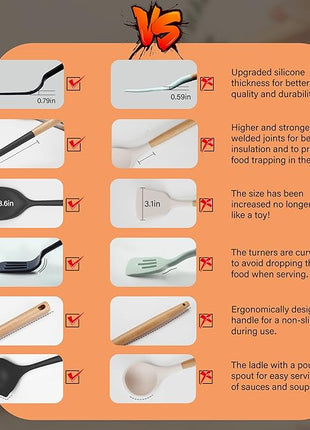 Silicone Cooking Utensils Set, Heat Resistance Large Kitchen Utensils Set with Long Wooden Handle, BPA-free Silicone Spatula, 6 Pcs Cooking Spoons for Non Stick Frying Pans and Pots（Black）