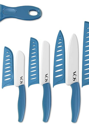 Vos Ceramic Knife with Peeler, Knives Set For Kitchen, Ultra Sharp Kitchen Knife Set with Covers, 4" 5" 6" 7" 8" Paring, Chef Knife, Santoku & 2 more, Lightweight, Dishwasher safe (Blue)