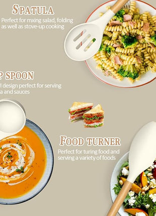 Umite Chef Kitchen Cooking Utensils Set, 33 pcs Non-stick Silicone Cooking Kitchen Utensils Spatula Set with Holder, Wooden Handle Silicone Kitchen Gadgets Utensil Set (Cream White)