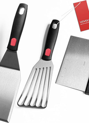 Stainless Steel Spatula Set with Heat Resistant Silicone Handle, VOVOLY Metal Spatulas For Kitchen Use, Thickened Smash Burger Spatula, Fish Flipper, Bench Scraper