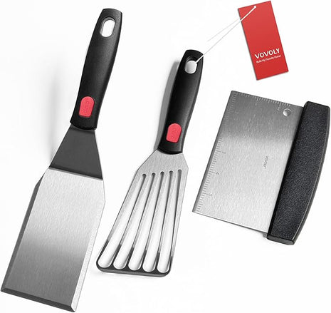 Stainless Steel Spatula Set with Heat Resistant Silicone Handle, VOVOLY Metal Spatulas For Kitchen Use, Thickened Smash Burger Spatula, Fish Flipper, Bench Scraper