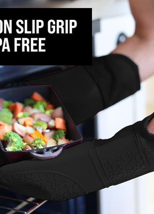 BPA-Free Silicone Oven Mitts Ultra Heat Resistant up to 500°F - Oven Mitts with Thick Cotton Liner - Long Slip Resistant Pot Holders, Flexible Oven Gloves - Black 14.7