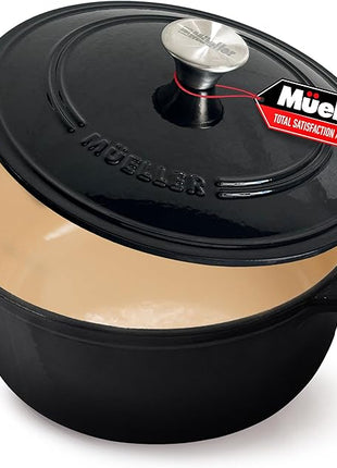 MUELLER HOME 7.5 QT Enameled Cast Iron Dutch Oven, Heavy-Duty, Oven-Safe up to 500° F & Across All Cooktops, Casserole Dish and Braiser Pan with Lid and Stainless Knob, Black