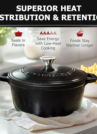 MUELLER HOME 7.5 QT Enameled Cast Iron Dutch Oven, Heavy-Duty, Oven-Safe up to 500° F & Across All Cooktops, Casserole Dish and Braiser Pan with Lid and Stainless Knob, Black