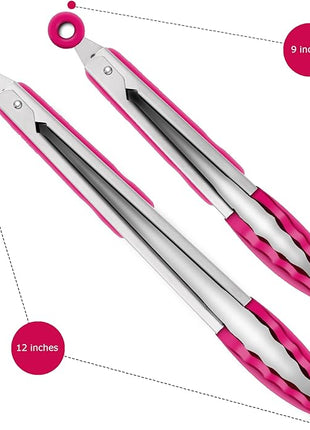 Premium Stainless Steel Food Tongs, 9-Inch & 12-Inch Wine Red Silicone BPA Free Non-Stick BBQ Cooking Grilling Locking Kitchen Tong
