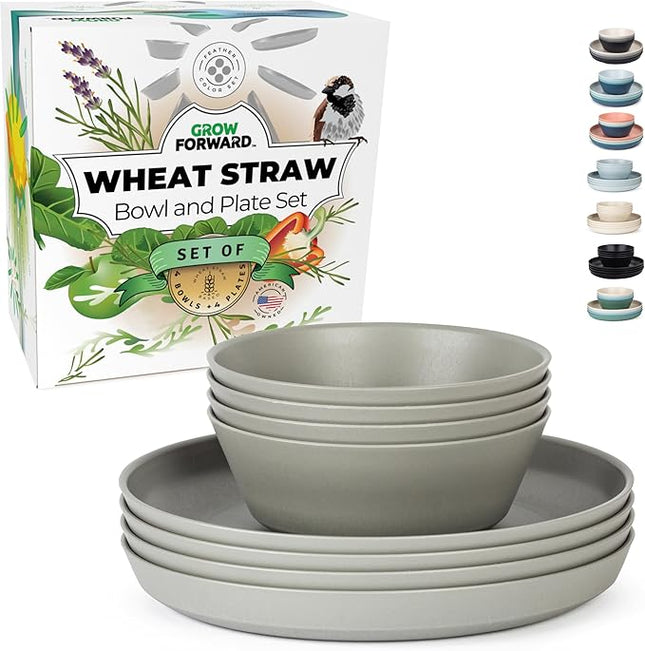 Grow Forward Premium Wheat Straw Plates and Bowls Sets - 8-Piece Wheat Straw Dinnerware Sets - Unbreakable & Reusable Microwave Safe Plastic Dinner Plates for Outdoors, RV, Camping Dishes - Feather