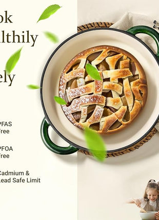 Overmont Enameled Cast Iron Dutch Oven - 5.5QT Pot with Lid Cookbook & Cotton Potholders - Heavy-Duty Cookware for Braising, Stews, Roasting, Bread Baking Glossy Green