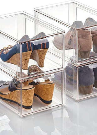 mDesign Plastic Stackable Closet Storage Organizer Bins with Pull Out Drawer for Cabinet, Desk, Shelf, Cupboard, or Dresser Organization - Lumiere Collection - 4 Pack - Clear