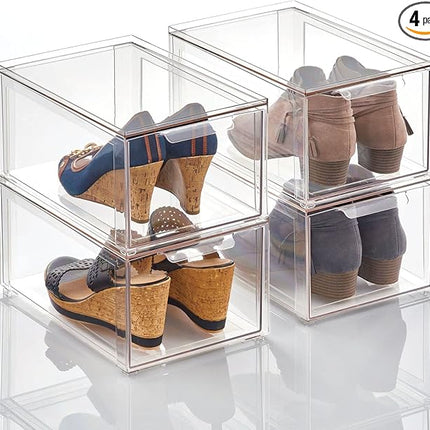 mDesign Plastic Stackable Closet Storage Organizer Bins with Pull Out Drawer for Cabinet, Desk, Shelf, Cupboard, or Dresser Organization - Lumiere Collection - 4 Pack - Clear