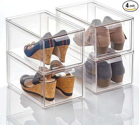 mDesign Plastic Stackable Closet Storage Organizer Bins with Pull Out Drawer for Cabinet, Desk, Shelf, Cupboard, or Dresser Organization - Lumiere Collection - 4 Pack - Clear