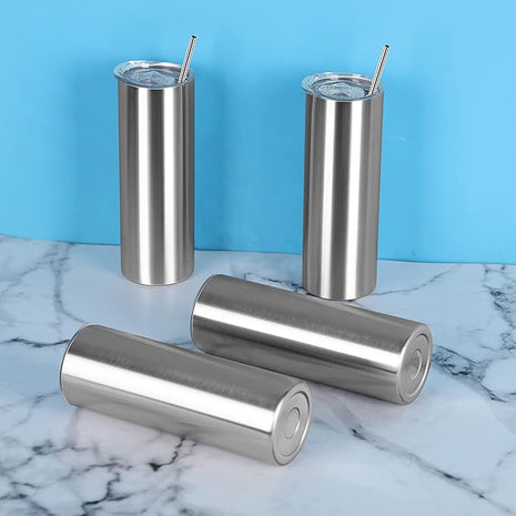 20 Oz Straight Skinny Tumbler Set, Stainless Steel Slim Skinny Travel Tumbler Bulk, Birthday Diy Gift For Women Friends Sisters, 4 Pack, Silver