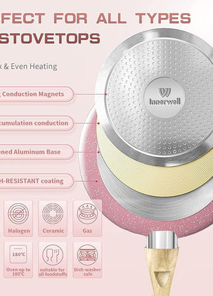 Frying Pan Nonstick, 9.5 Inch Pink Egg Pan, Non Stick Fry Pan 100% PTFE PFOA-Free Omelet Skillet Pan, Toxin-Free Skillets Stone Cookware, Anti-Warp Base with All Stove Tops, Induction Compatible