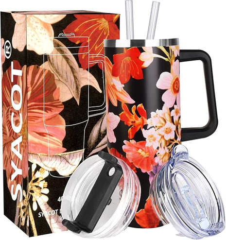SYACOT 40 oz Tumbler with Handle and Straw Stainless Steel Insulated Tumbler Leak Proof Lid and Straw Lid Reusable Travel Mug Coffee Mug Cup Dishwasher Safe Keep Drinks Cold and Hot (Jasmine)
