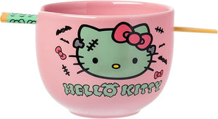 Silver Buffalo Sanrio Hello Kitty Halloween Spooky Frankenstein Ceramic Ramen Bowl with Chopsticks, Microwave Safe, 20 Ounces