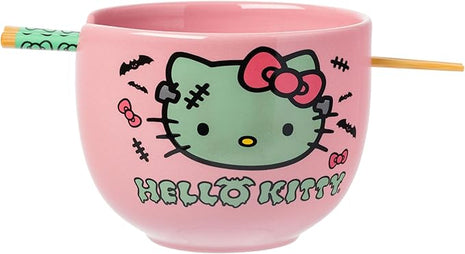 Silver Buffalo Sanrio Hello Kitty Halloween Spooky Frankenstein Ceramic Ramen Bowl with Chopsticks, Microwave Safe, 20 Ounces