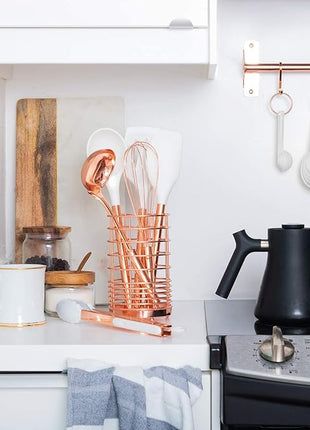White Silicone and Copper Kitchen Utensils Set with Holder - 17-Piece Rose Gold Cooking Tools for Nonstick Cookware, with Measuring Cups, Spoons, & Utensil Holder - Stylish Copper Kitchen Accessories