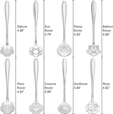 Chengu 8 Pieces Flower Coffee Tea Spoons Stainless Steel Sugar Spoons Tea Party Flower Fancy Tableware Set Stir Bar Creative Stirring Teaspoon, 8 Different Patterns(Silver)