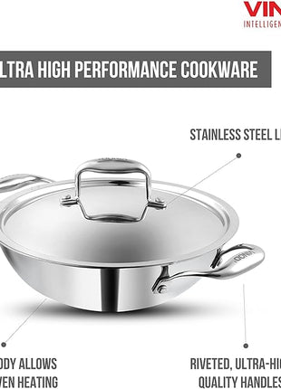 Vinod Platinum Triply Stainless Steel Kadai with Lid | Size: 28CM - 3.7L