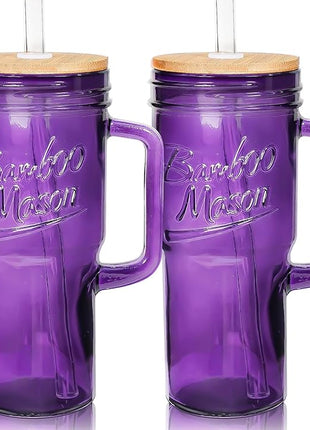 ANOTION Glass Cups with Handle, 24oz Glass Cups with Lids and Straws Travel Coffee Mug Bamboo Mason Jar Iced Cup Smoothie Tea Clear Cute Water Drinking Jars Glasses, Purple