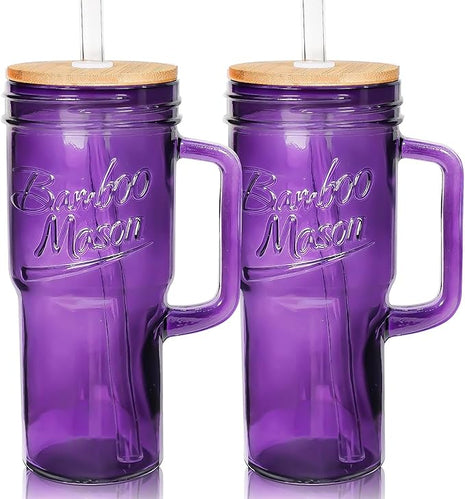ANOTION Glass Cups with Handle, 24oz Glass Cups with Lids and Straws Travel Coffee Mug Bamboo Mason Jar Iced Cup Smoothie Tea Clear Cute Water Drinking Jars Glasses, Purple