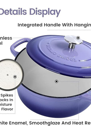 Enameled Cast Iron Duch Oven, 5.5 Quart Round Dutch Ovens Pot with Lid, Dual Handle for Bread Baking, Purple