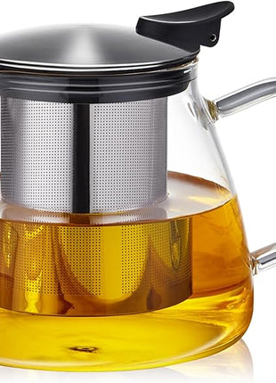 Glass Teapot Tea Pot with Removable Stainless Steel Infuser, 25oz / 760ml Borosilicate Glass Tea Kettle for Office Work, Fine Strainer for Loose Leaf Tea