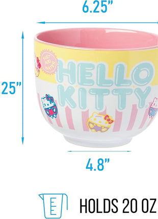 Silver Buffalo Sanrio Hello Kitty Pastel Colored Ceramic Ramen Noodle Rice Bowl with Chopsticks, Microwave Safe, 20 Ounces