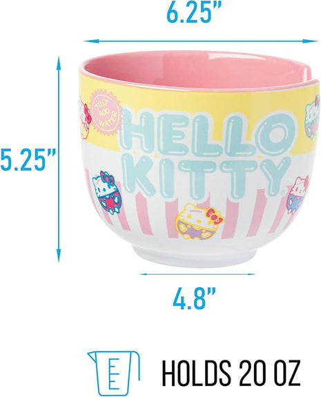 Silver Buffalo Sanrio Hello Kitty Pastel Colored Ceramic Ramen Noodle Rice Bowl with Chopsticks, Microwave Safe, 20 Ounces