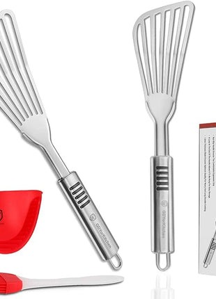 Premium Fish Spatula - Rust-Resistant Stainless Steel, Non-Slip Handle, Ideal for Grilling, Frying, Turning and Flipping Fish, Meat, Eggs, and More - Ergonomic Design for Perfect Results - Set of 2