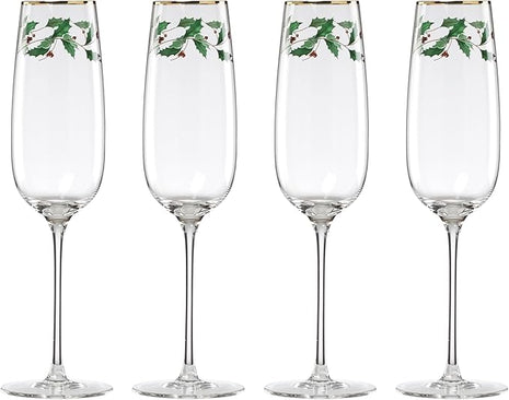 Lenox Glassware, Holiday Decal Flutes, Set of 4, 11-Ounce Capacity, Made From Glass, Dishwasher Safe Flutes, Drinking Glasses Set, Home And Kitchen, Champagne Flute, Champagne Glasses (Clear, 4 Piece)