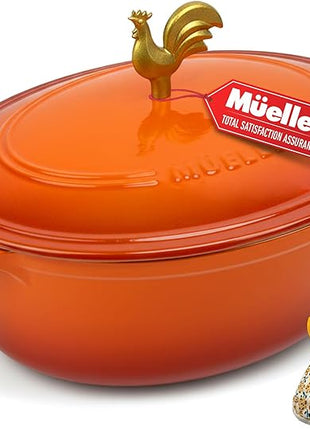 MUELLER HOME 5.5 Quart Enameled Cast Iron Oval Dutch Oven w Rooster Knob & Cotton Potholders, Heavy-Duty Cookware, Oven-Safe up to 500° F & Across All Cooktops, Gifts for Grandma & Women, Orange