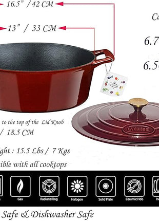 La Cuisine Enameled Cast Iron Oval Dutch Oven Casserole Dish Pot with Lid 6.75 QT Internal Matte Black Enamel Coating for bread baking, Gold-Plated Stainless Steel Lid Handle, Oven Safe up to 500° F. Cranberry