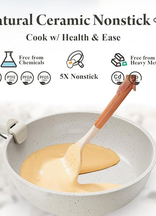 Ceramic Nonstick Cookware Set, Healthy,Non Toxic,17-Pieces Pots and Pans Set Removable Handles,Induction RV Kitchen Set,Stain & Scratch-resistant,Dishwasher/Oven Safe,PFAS/PFOA Free,Cream White