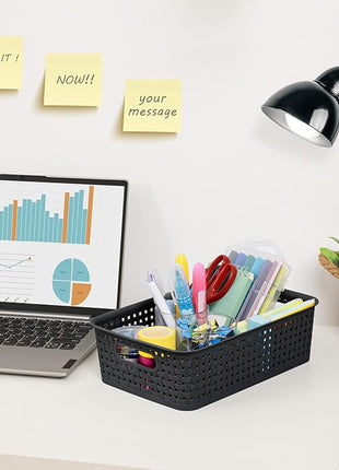 [ 12 Pack ] Plastic Storage Baskets, Small Pantry Organization and Storage Bins, Household Organizers for Laundry Room, Bathrooms, Kitchens, Cabinets, Countertop, Under Sink or Shelves, Black