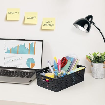 [ 12 Pack ] Plastic Storage Baskets, Small Pantry Organization and Storage Bins, Household Organizers for Laundry Room, Bathrooms, Kitchens, Cabinets, Countertop, Under Sink or Shelves, Black