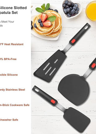 Hotec Silicone Spatula Turner for Nonstick Cookware, Cooking Spatulas 600°F Heat Resistant Large Flexible Rubber Spatula Set of 3, Kitchen Utensils for Flipping Eggs, Burgers, Pancakes, Crepes