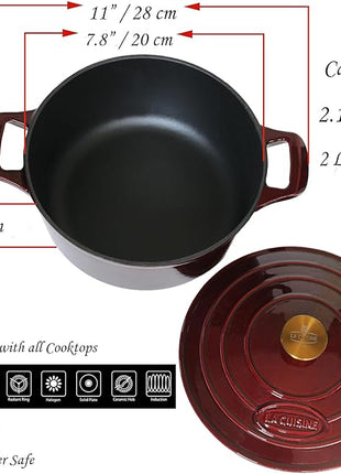 La Cuisine Enameled Cast Iron Dutch Oven Casserole Dish Pot with Lid, 2.1 QT 7.9“ /20cm Dia. Internal Matte Black Enamel Coating, Gold-Plated SS Lid Handle Oven Safe up to 500° F, Cranberry