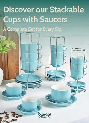 Sweese 8 Ounce Porcelain Stackable Cappuccino Cups with Saucers and Metal Stand - for Specialty Coffee Drinks, Cappuccino, Latte, Americano and Tea - Set of 4, Turquoise
