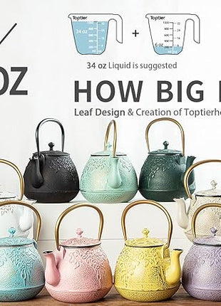 Tea Kettle, TOPTIER Japanese Cast Iron Teapot with Infuser for Loose Leaf and Tea Bags, Stovetop Safe Cast Iron Tea Kettle Coated with Enameled Interior for 40 oz (1200 ml), Light Green